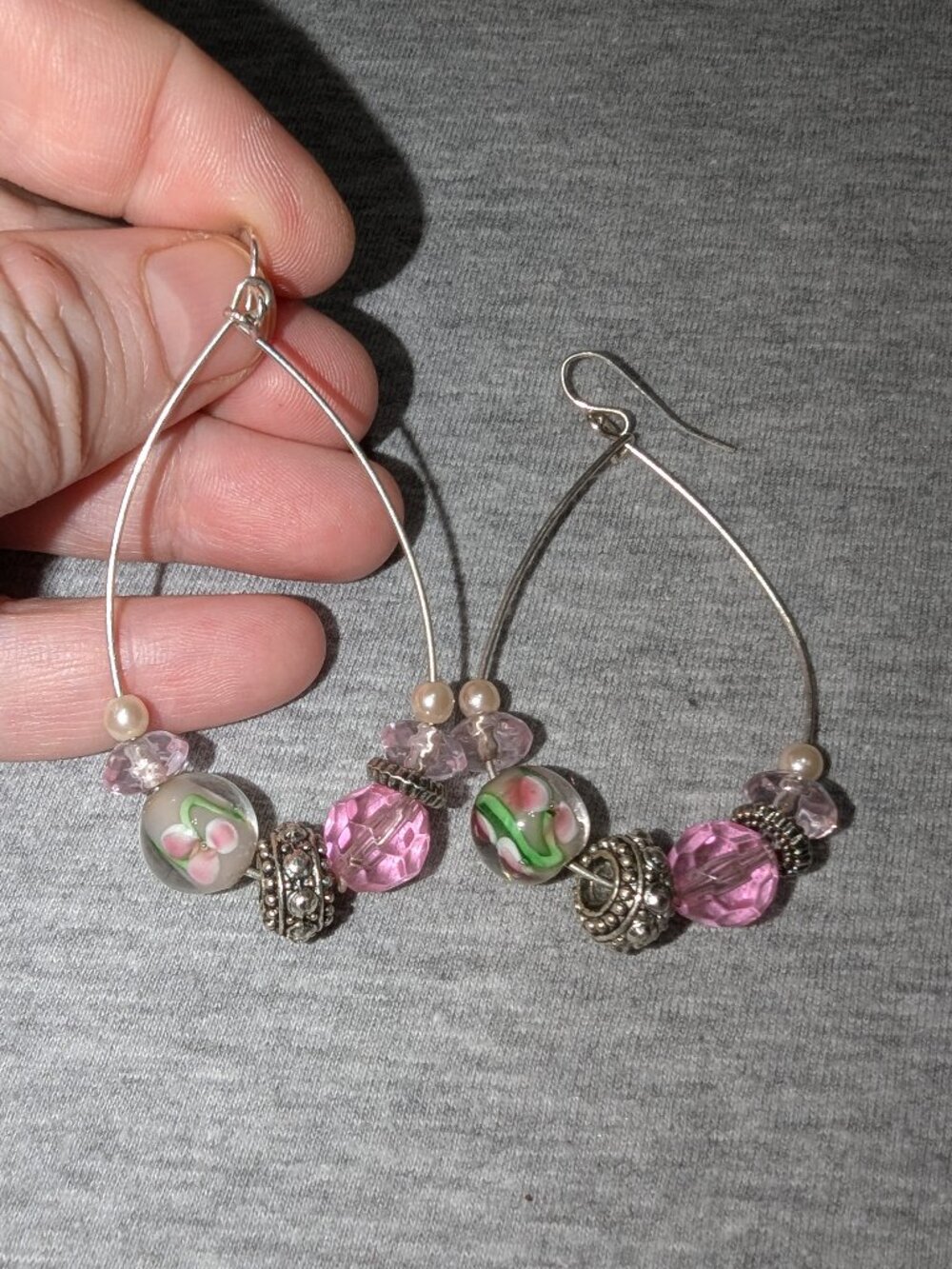 $1 with Bundle ~ Silver Tone Teardrop Hoop Earrings Pink Lampwork Beads 6914